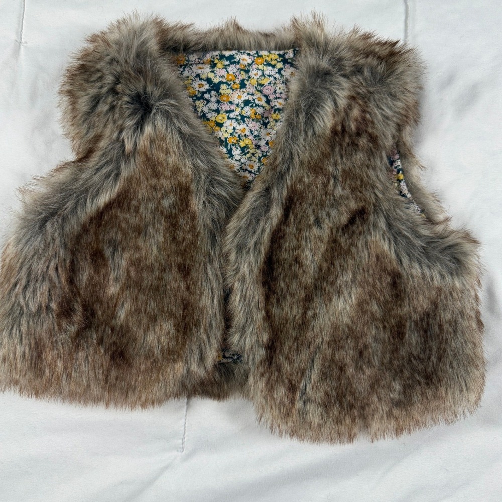 Toddler Girls Faux‎ Fur Vest Brown Floral Lined Boho Cottagecore Gilet 24M